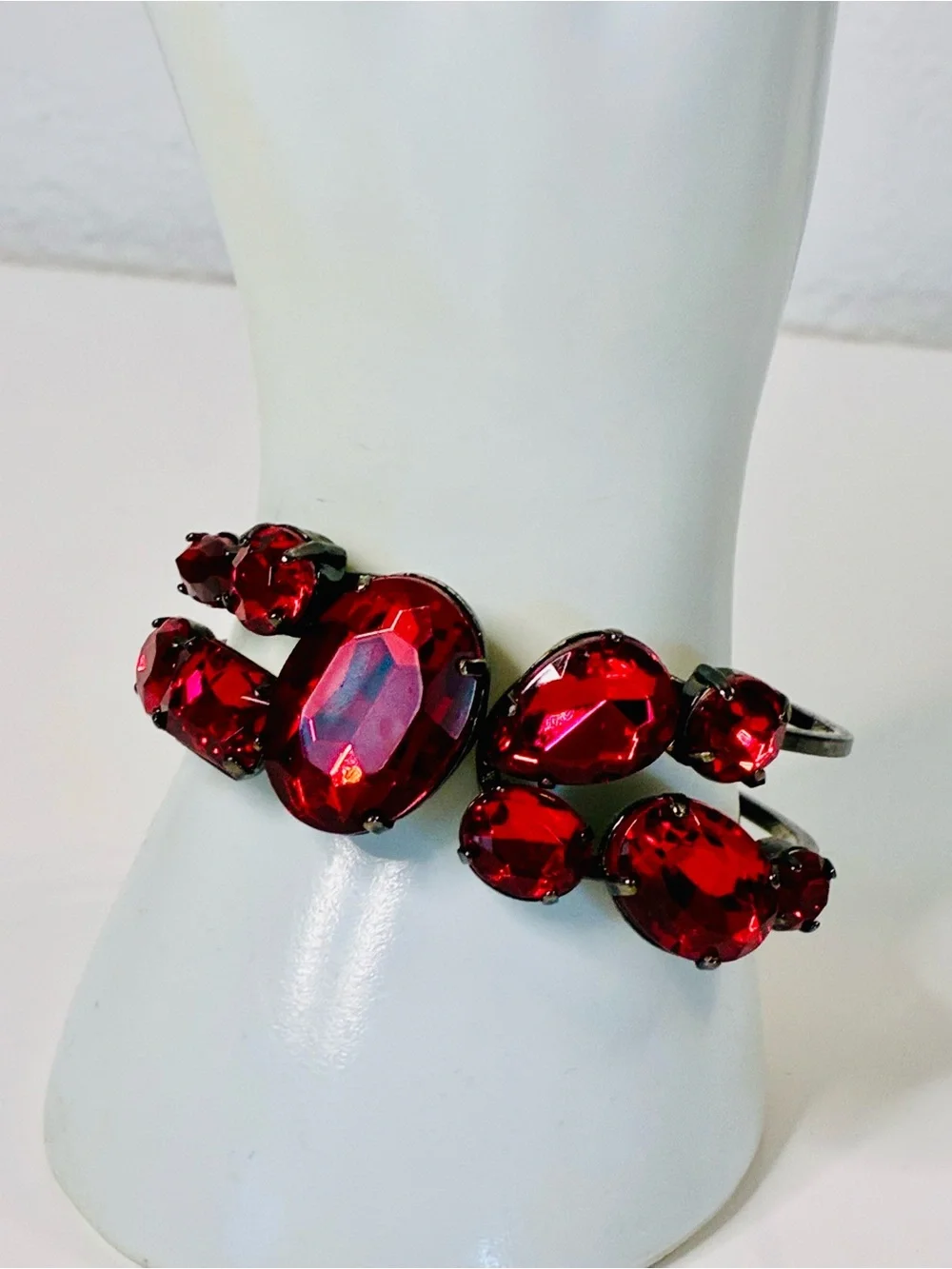 Bold Crimson Red Crystal Statement Cuff Clamper Bracelet - Women's Jewelry